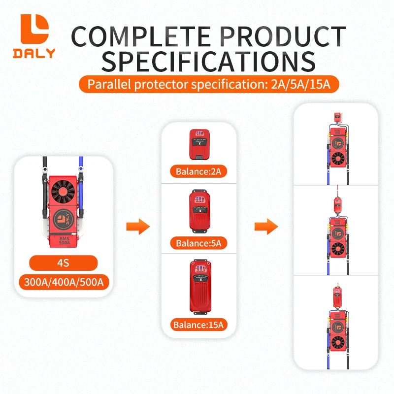 Daly bms 4s 12v 300A 400A 500A smart bms lifepo4 battery with UART BT FAN parallel bms 2A 5A 15A