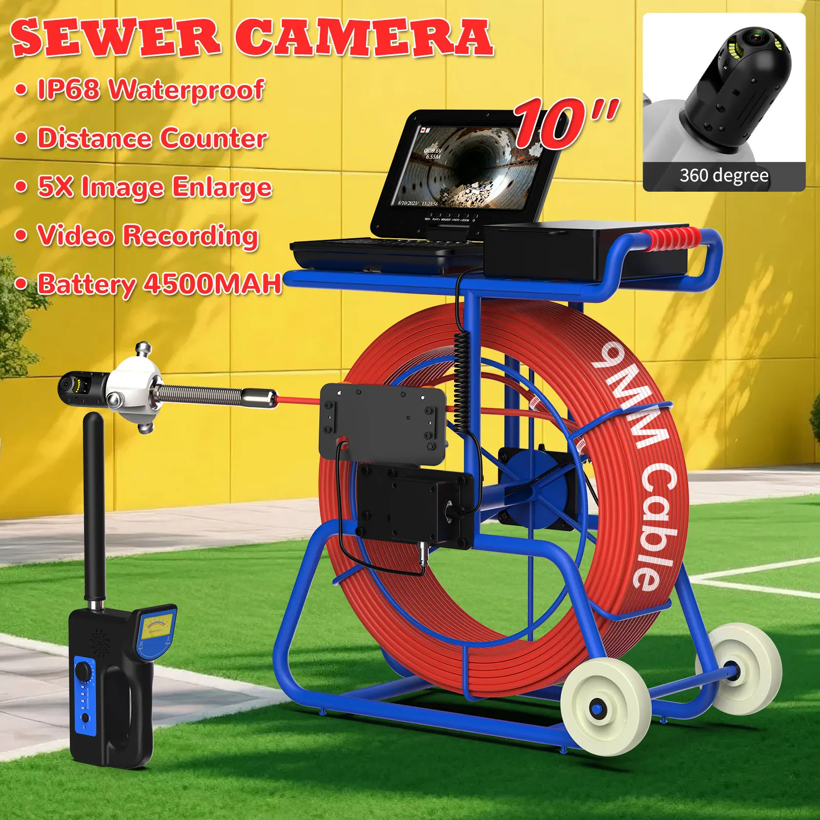 10″ Sewer Inspection Camera 360degrees with 512HZ Transmitter Locator Cable Diameter ø9mm+Meter Counter+Keyboard 4500mah Battery