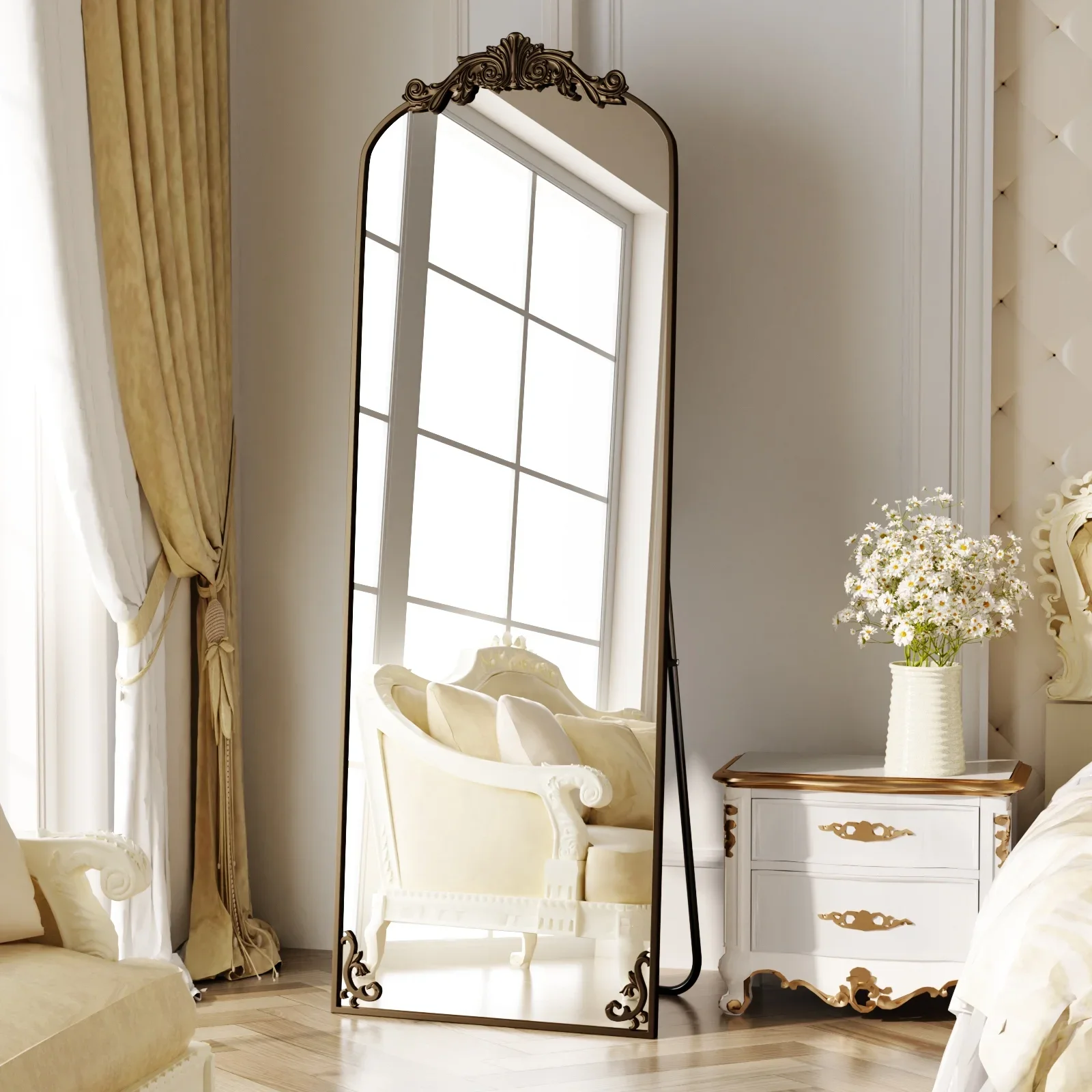 BEAUTYPEAK Full Length Mirror with Baroque Flower Head Design Wall-Mounted Mirror image 5