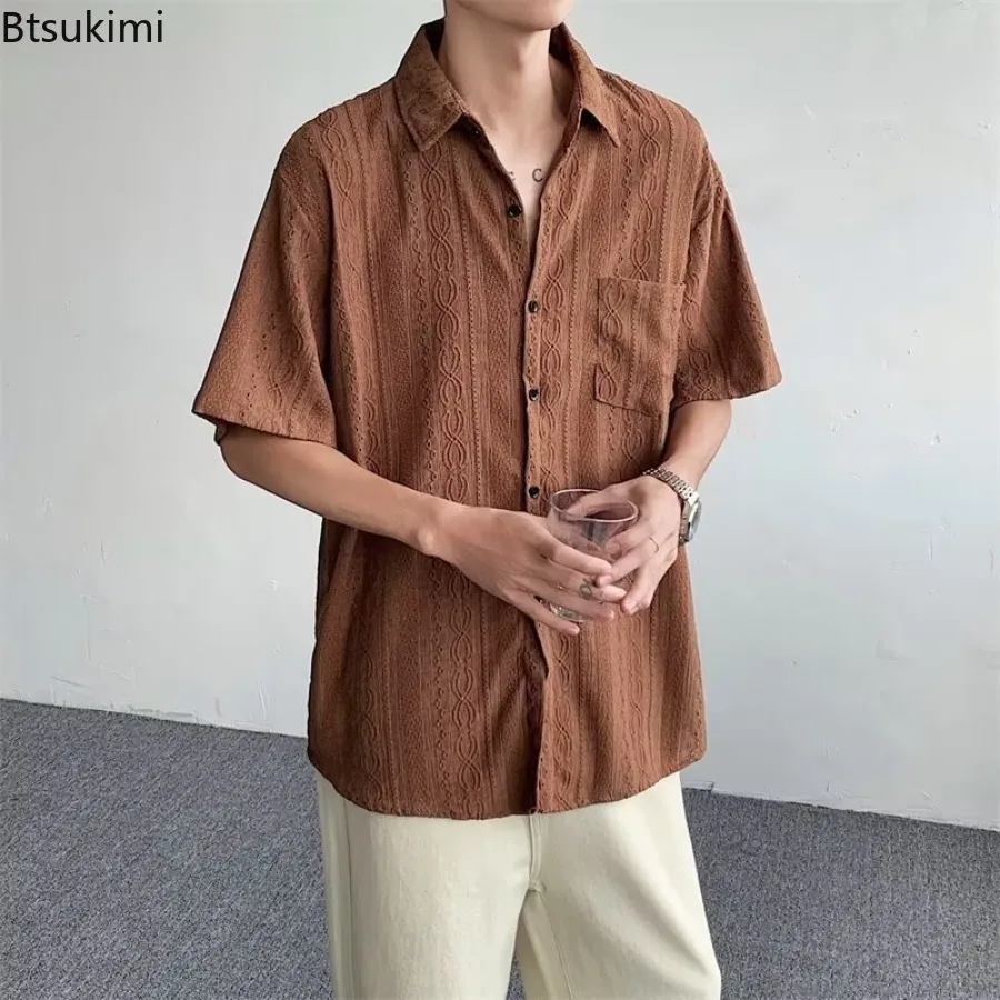 

Japanese Vintage Loose Hollow Out Shirts Men's Solid Short Sleeve Draped Shirts Trend All-Match Tops Men Vacation Casual Blouses