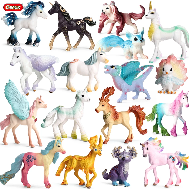 Oenux Original Unicorn Pegasus Elves Animal Fairy Tale Elf Model Action Figures Cute Home Decoration Cake Toppers Kids Gift Toy