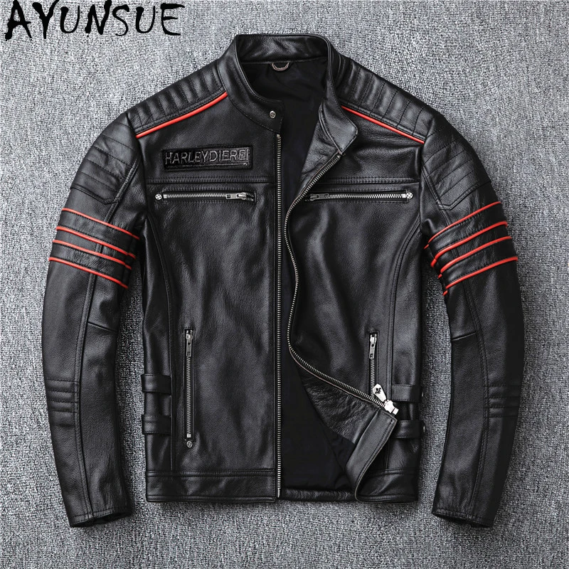 AYUNSUE Autumn Genuine Leather Jackets Mens Clothing Motorcycle Jacket Embroidered Short Coats Size S-6XL Chaquetas Para Hombre