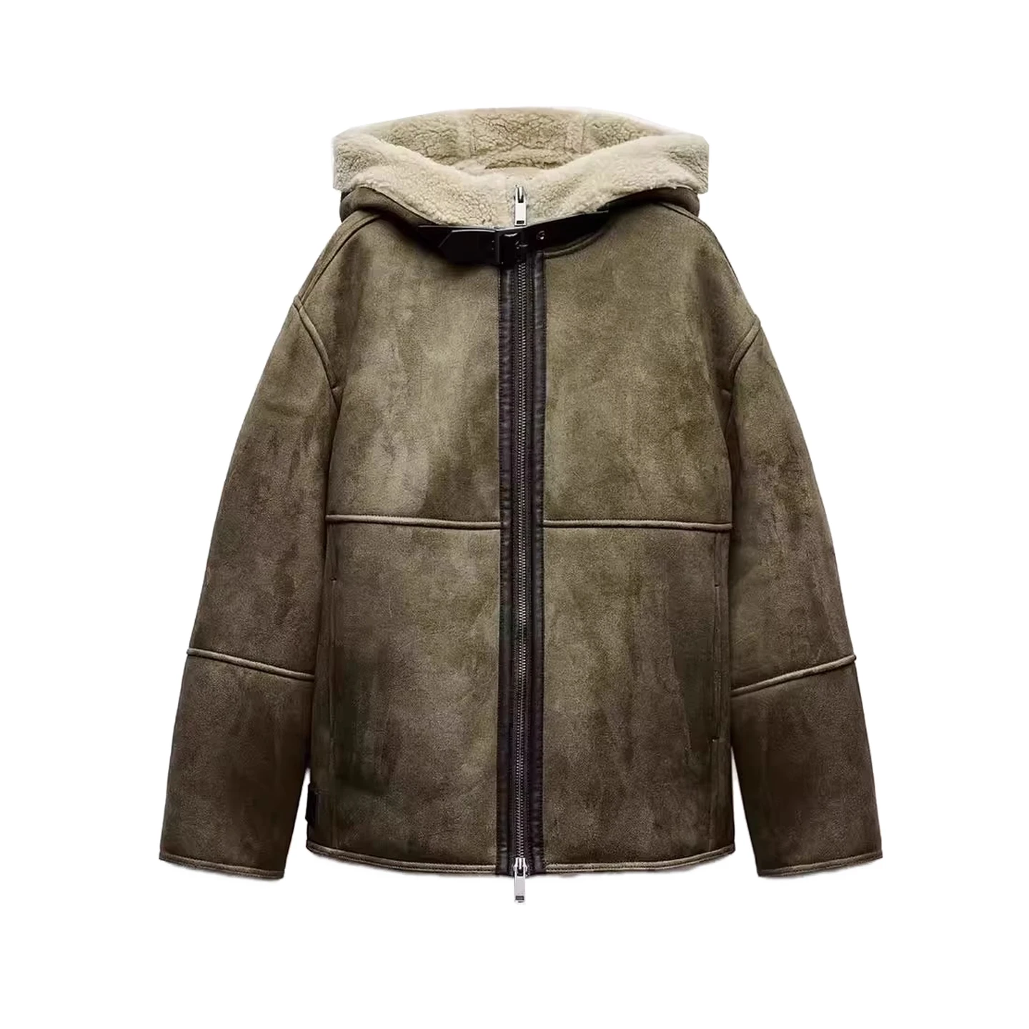 سترة شتوية نسائية بسيطة ذات وجهين من الفرو والجلد مع سحاب وغطاء رأس وأكمام طويلة، ملابس خارجية فضفاضة بغطاء رأس غير قابل للإز... #5