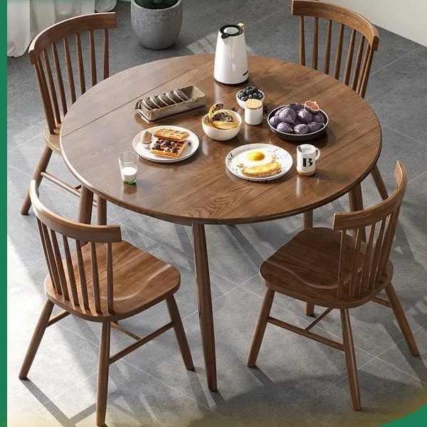 DSA solid wood dining table folding round eating table household small apartment restaurant round table chair