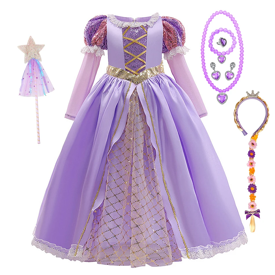 Rapunzel Long Sleeve Princess Dress Girls Cosplay Sequin Bow Purple Gown Birthday Frock Children Carnival Halloween Party Outfit