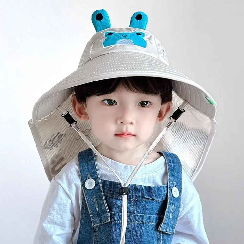 Breathable Mesh Kids Shawl Sun Hat Wide Brim UV Protection Children Fisherman Hat Quick-drying with Windproof Rope