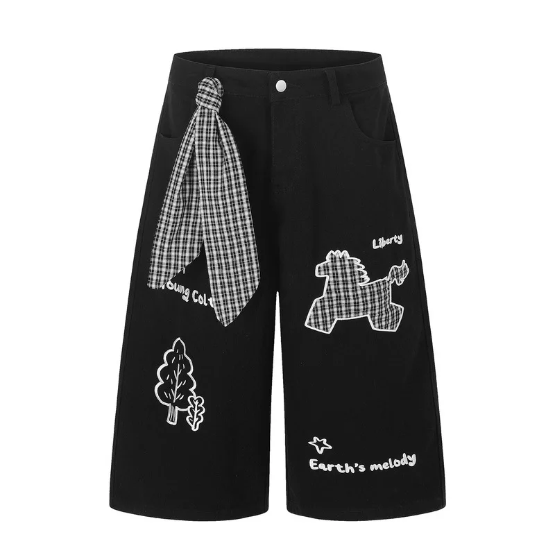 ACOMOSON Retro Washed Plaid Denim Shorts With Embroidered Pony Patches And Fluttering Ribbons Unisex Summer Wide-Leg Shorts