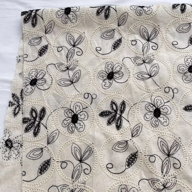 

Exquisite black floral embroidery linen cotton fabric for handmade diy fabric