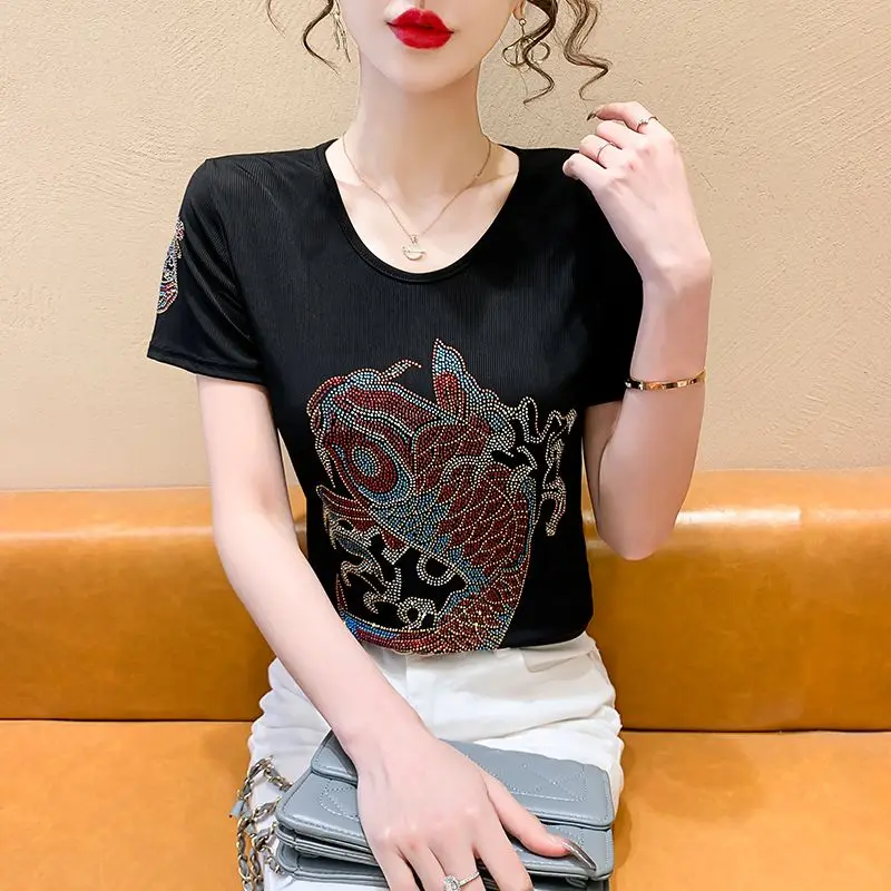 Elegant Fashion Harajuku Slim Fit Female Clothes Loose Casual Sweat All Match Tops Women O Neck Insert Short Sleeve T-shirts