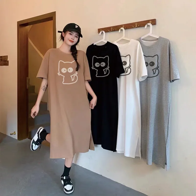 Cartoon cat print short-sleeved women's new summer and autumn loose round neck home dress