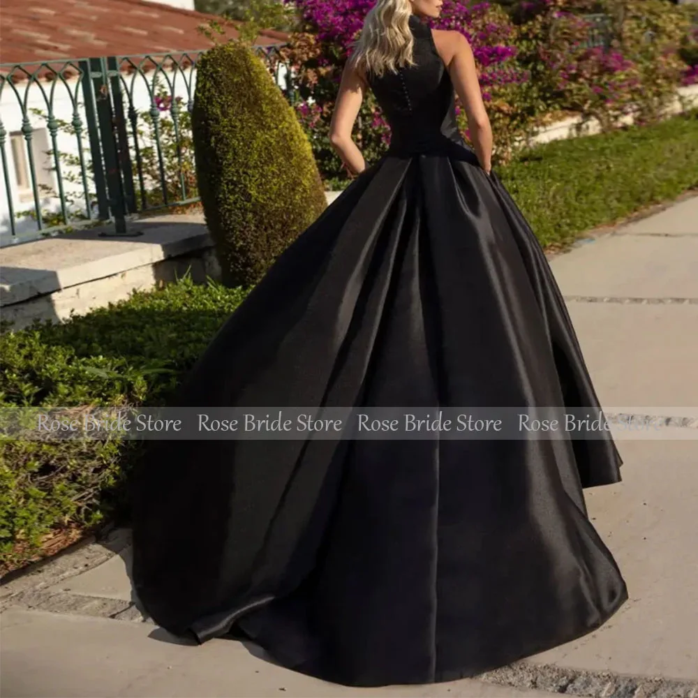 Simple Formal Party Dresses Black Satin Button Ruched A-line Long Evening Dress V Neck Sleeveless Elegant Women's Prom Gown 2024