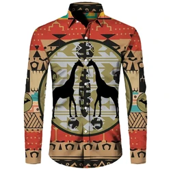 New Men's Lapel Buttons Shirt Fashion 3D Printed Pattern Long Sleeve Shirts African Traditional Casual Ethnic Style Blouse Tops