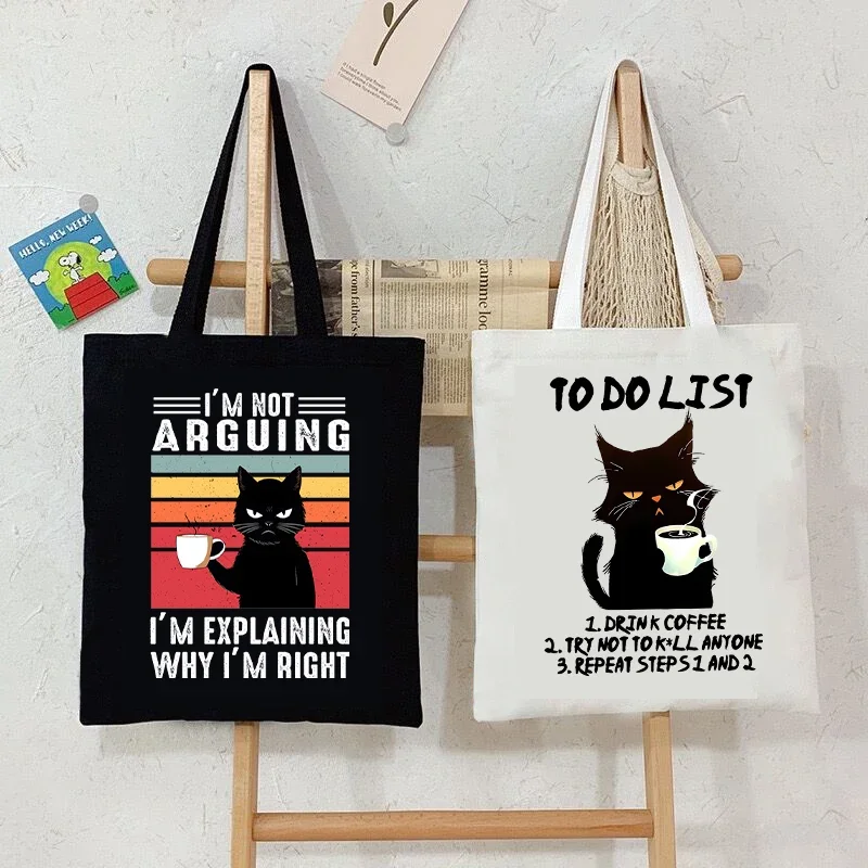 Black Cat I’m Not Arguing Graphic Women Canvas Tote Bag Funny Cat Coffee Shoulder Bag Men Vintage Y2K Aesthetics Unisex Handbag
