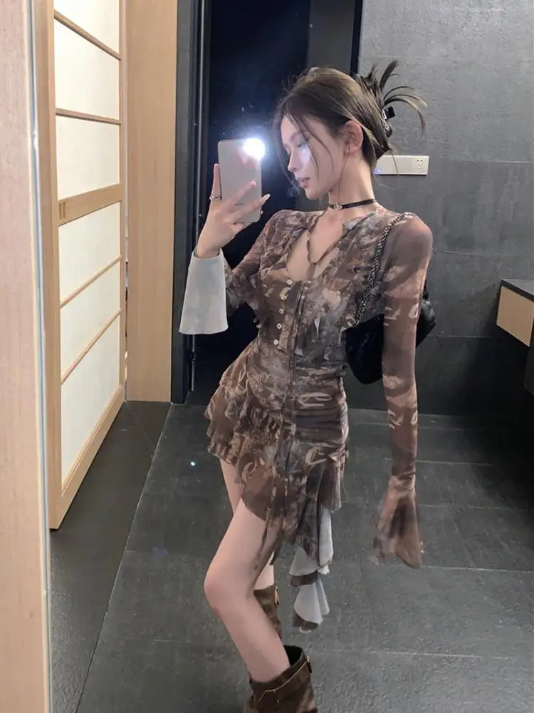 

Retro Tie-Dyed Flared Sleeve Dress for Women Spring Tight Waist Slimming Skirt Irregular Pure Desire Mesh