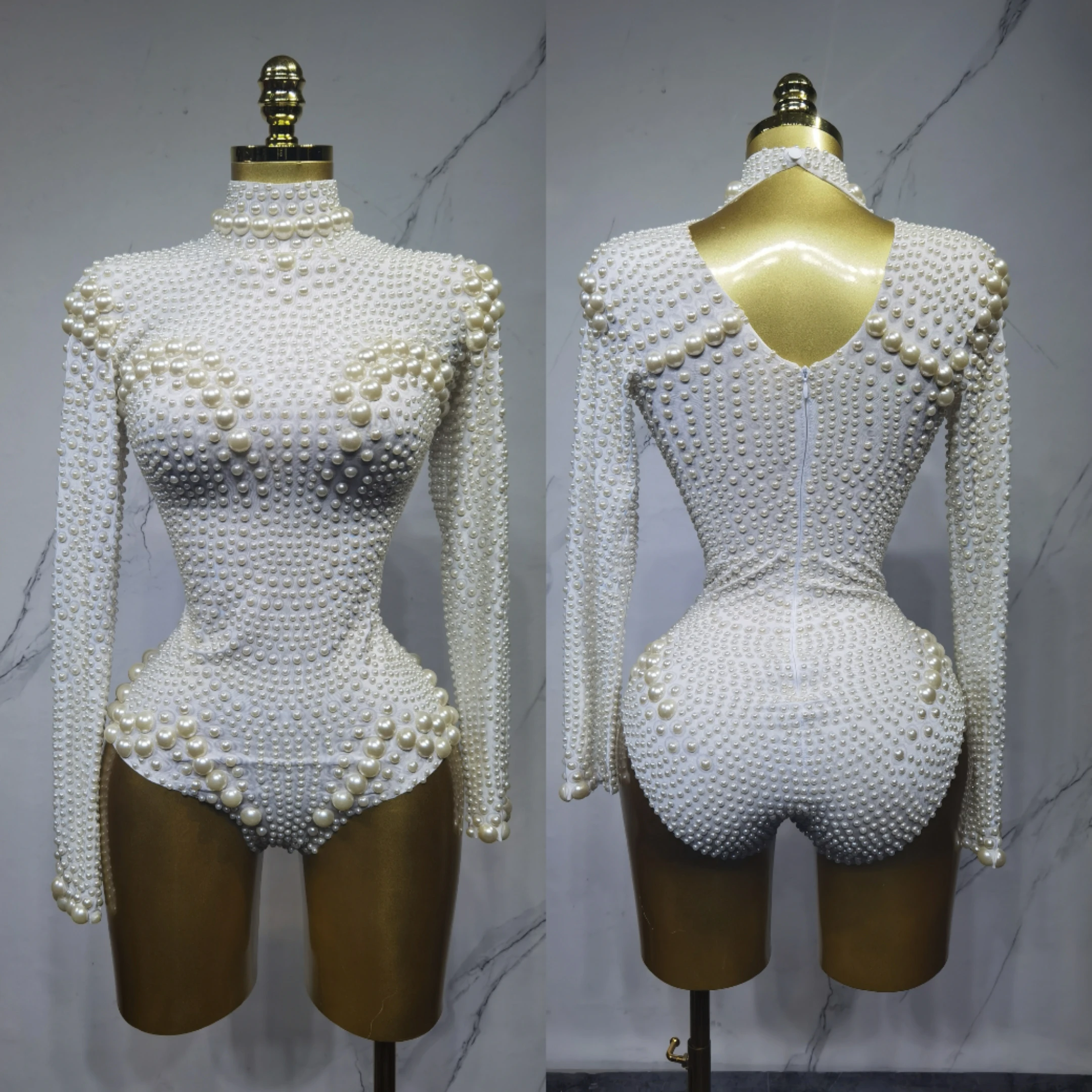 Zilveren strass stretch bodysuits met lange mouwen voor dames sexy avond luxe feest nachtclub toneelkostuum bodysuit