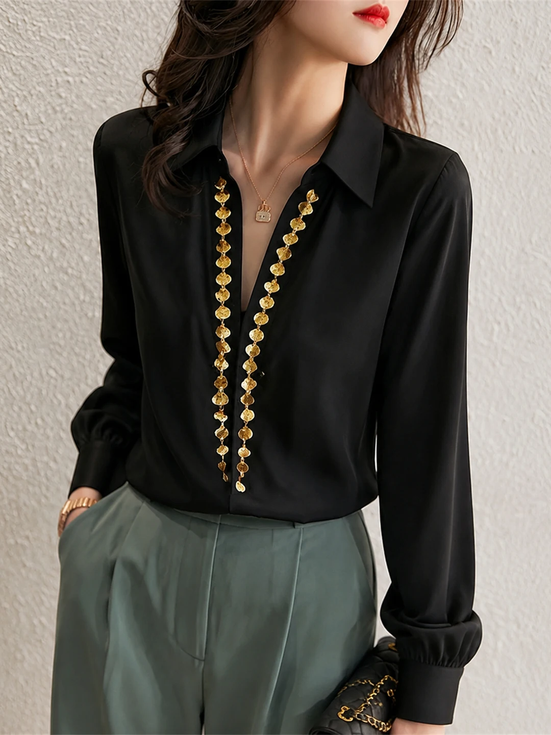 Elegant Long Sleeve Women's Shirt Versatile Commute Fashionable Personality Korean Style Straight Cut Sequin Detail Top