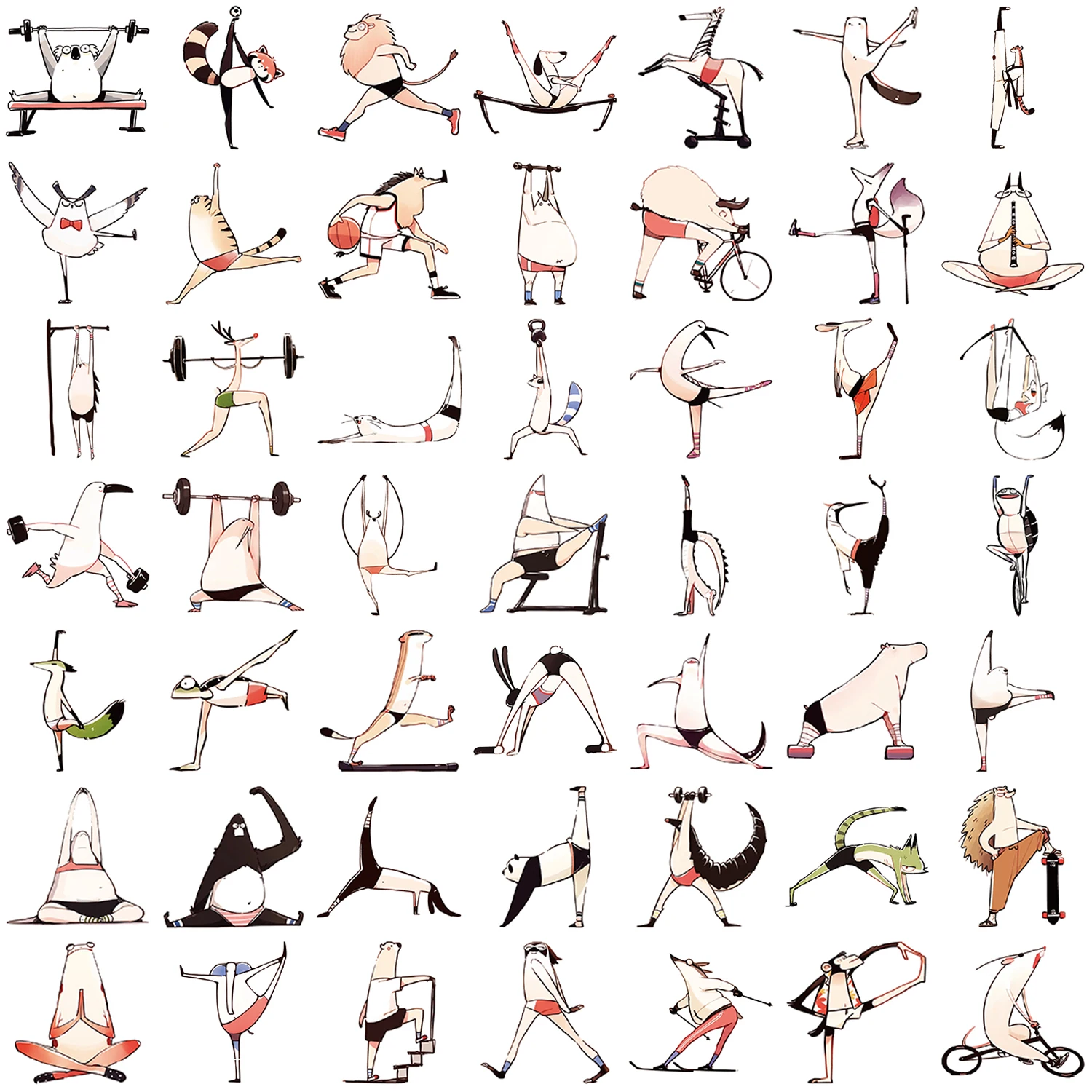 50pcs Fantasy Fitness Animal Characters Stickers Cartoon Pattern Suitable for Cell Phone Cases Laptops Guitars Journals