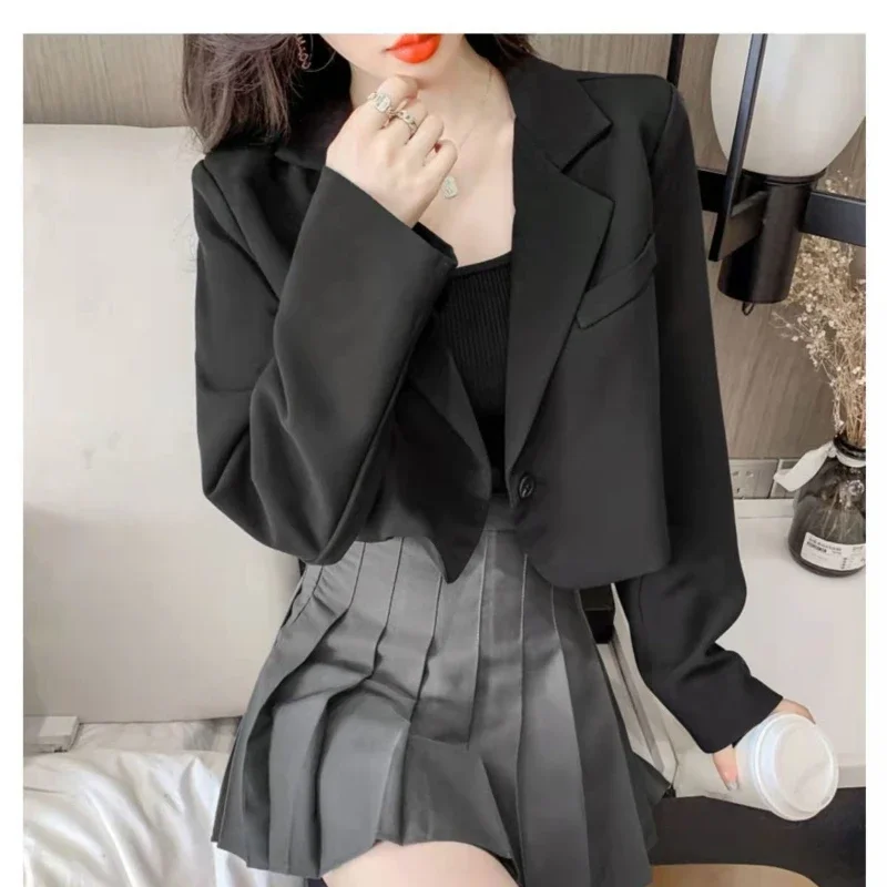 Korean Cropped Blazers Women Elegant Solid Color Single-button Outwear Tops Female All-match Long Sleeve Office Suit Jacket New