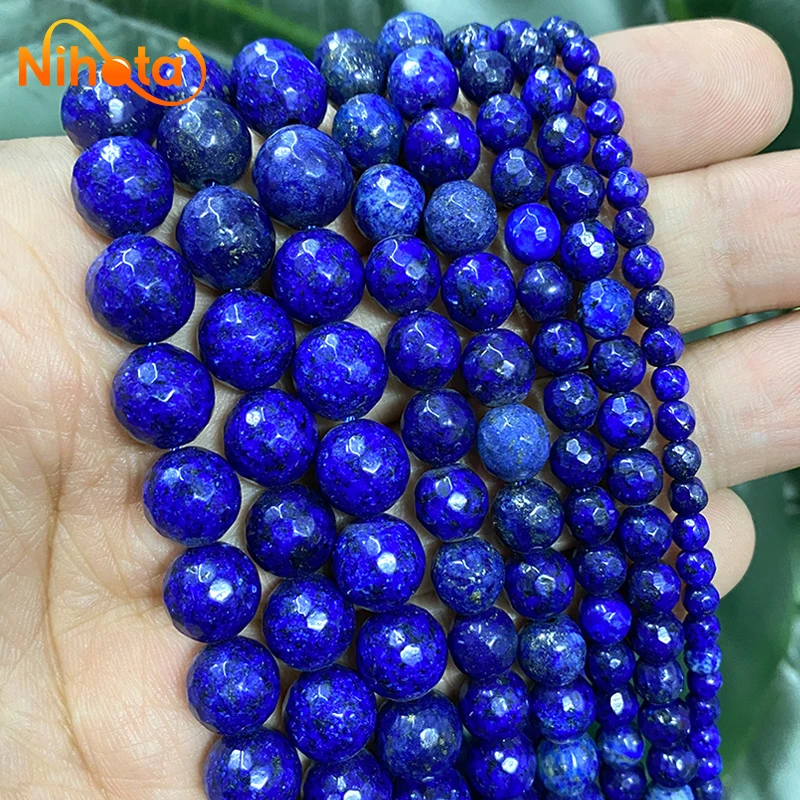 Natural Stone Beads Faceted Lapis Lazuli Beads Jewelry Making Round Loose Beads DIY Bracelet Earrings 15\'\' Strand 4/6/8/10/12mm