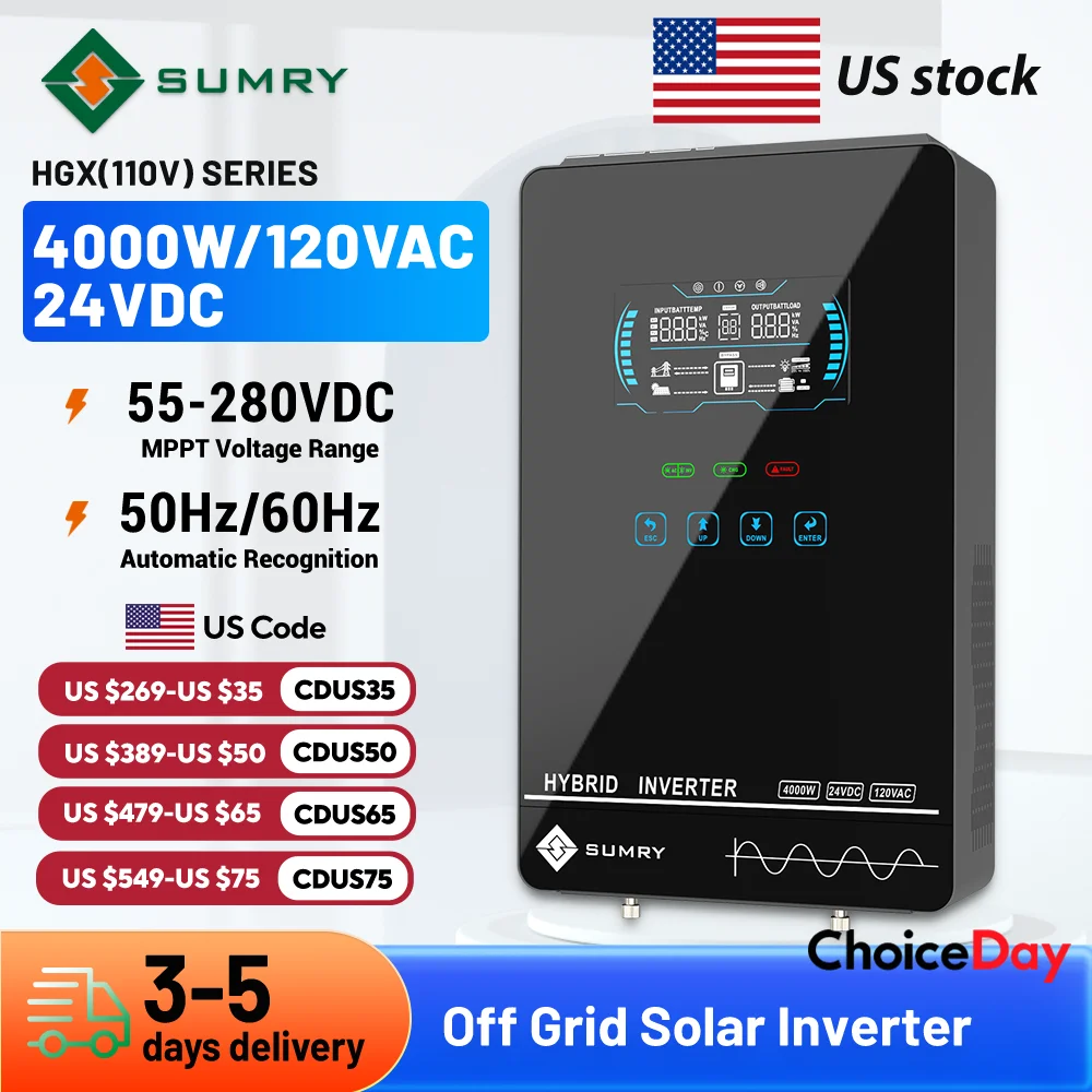 Sumry 4000W Off Grid Hybrid Inverter 24V 140A 5600W MPPT Solar Charger Pure Sine Wave Inverter for Home 6.25 Inch LCD Display