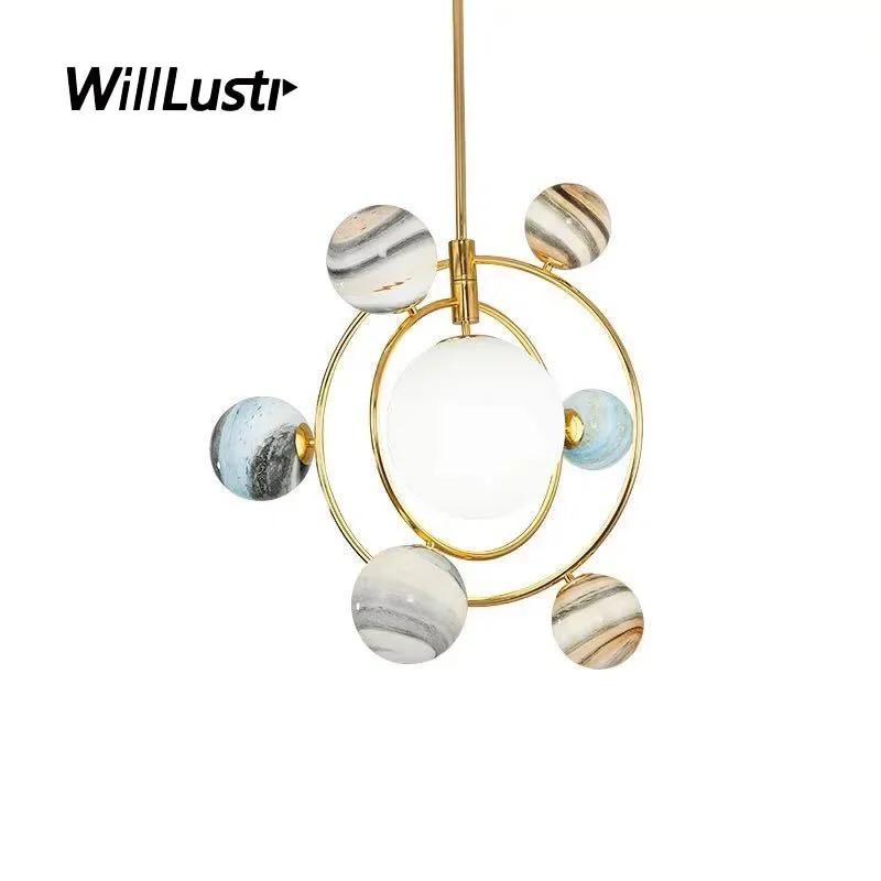 Glass Galaxy Pendant Lamp Luxury Iron Suspension Light Hotel Study Living Room Kids Bedroom Planetary Hanging Ceiling Chandelier