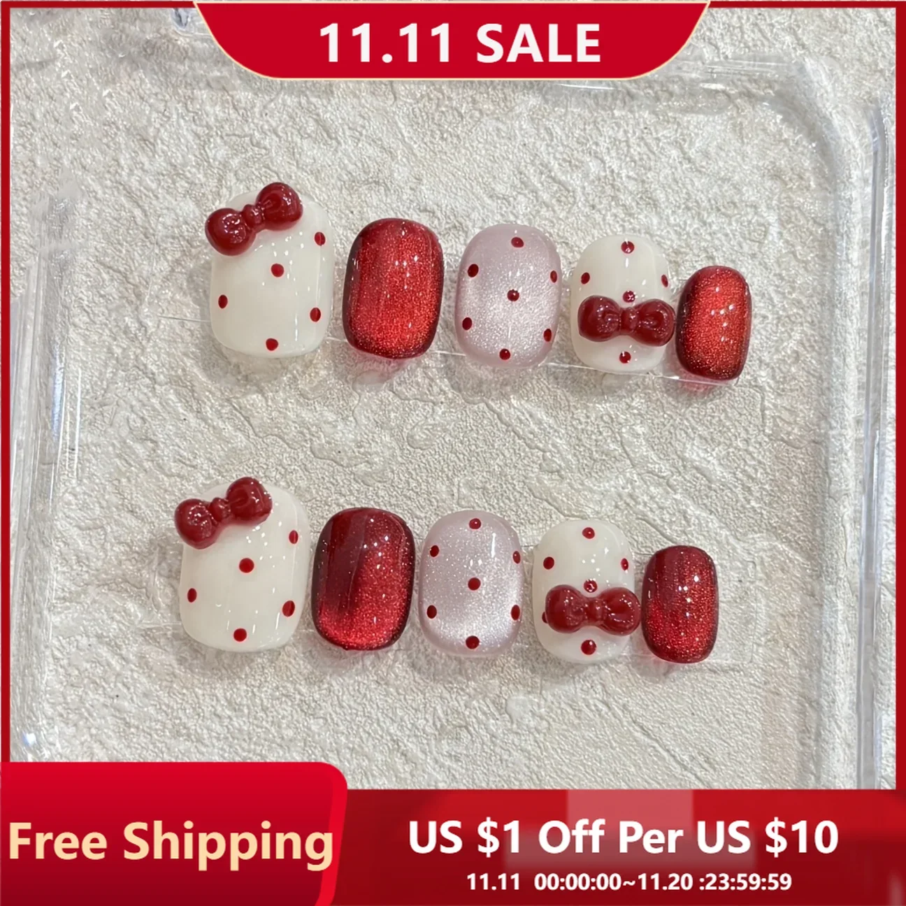 

10pcs Handcrafted Red Bow Polka Dot Beige Base Color Cat's Eye Wearable Nails Short Square and Cute Fake Nails for Party Wedding