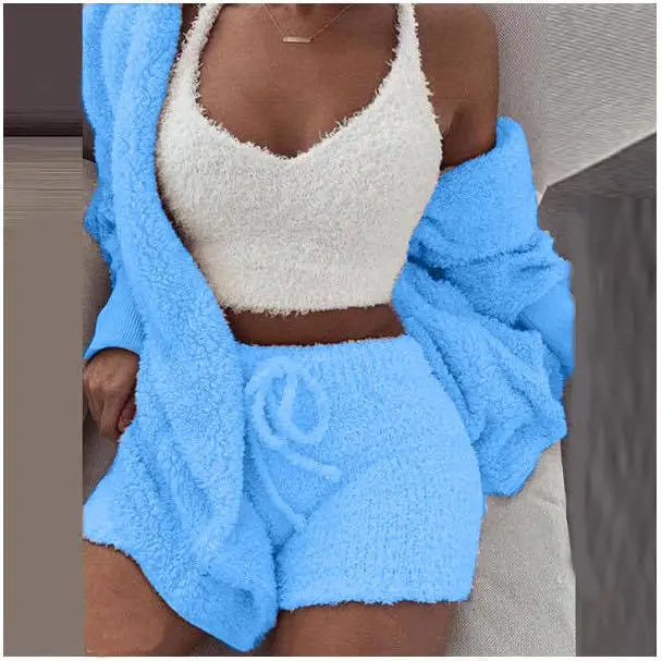 Women's plush home wear casual three piece pajamas long sleeved open navel vest shorts set High quality women's suit 3-piece set