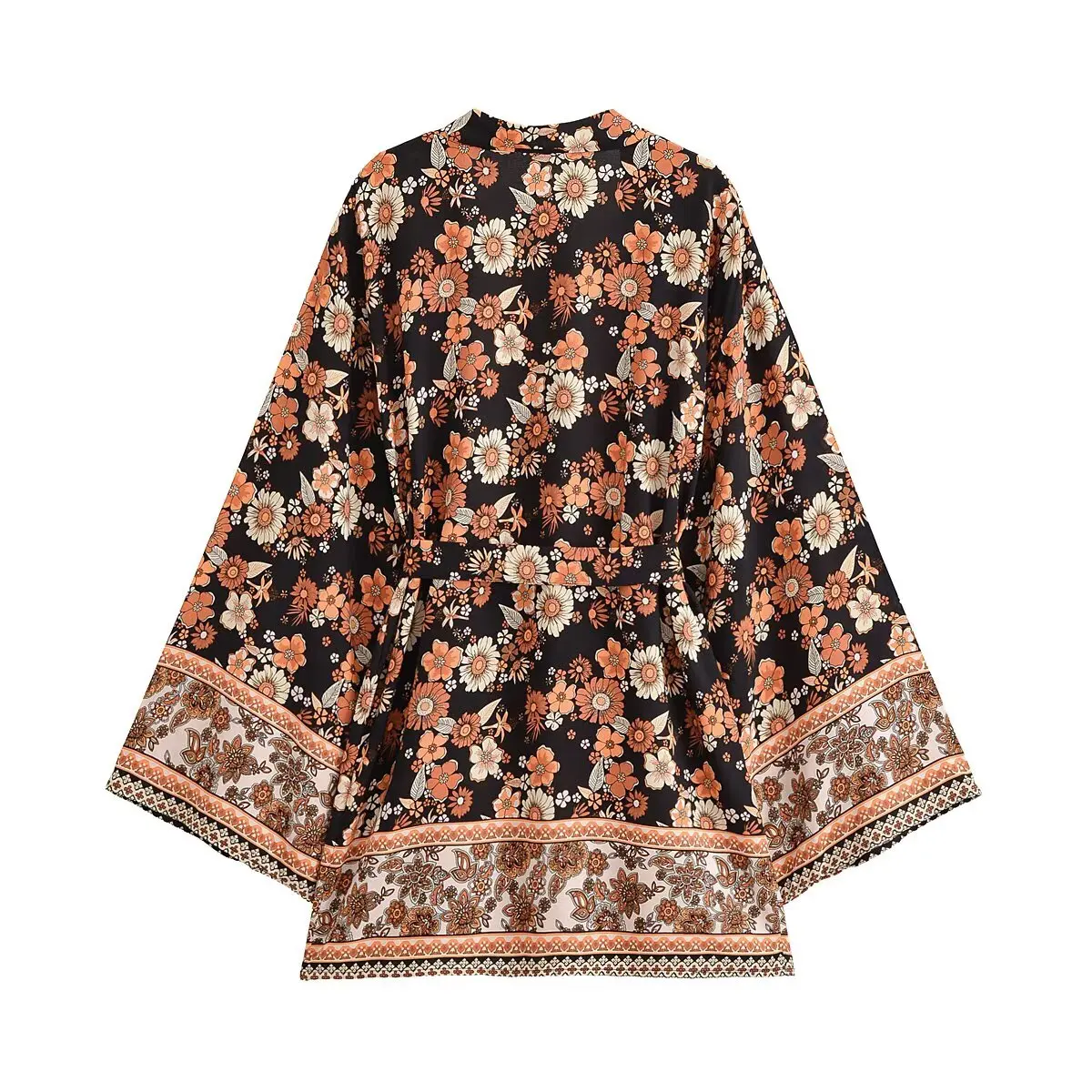 Bohemian Women Black With Orange Floral Print Kimono Shirt Holiday Beach Tie Bow Sashes Mid Long Cardigan Blouse BOHO Cape Tops