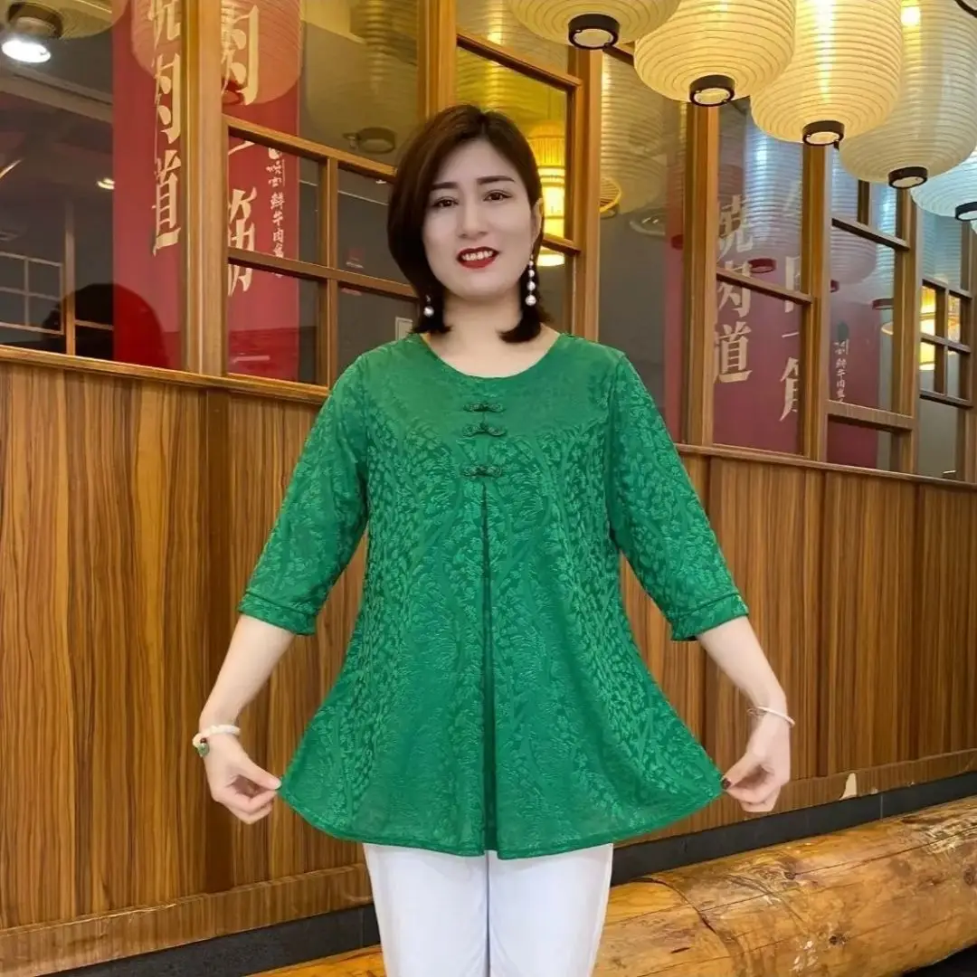 Korean Women Vintage Oversized T-Shirt Summer New 3/4 Sleeve Fashion Elegant Jacquard Pullover Loose Big Size Casual Tops 2023