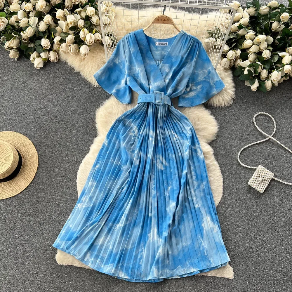 Pink Elegant Solid V-neck Short Sleeve Folds Vestido Women Casual Lace-up Pleated Dress 2024 New Tide Summer