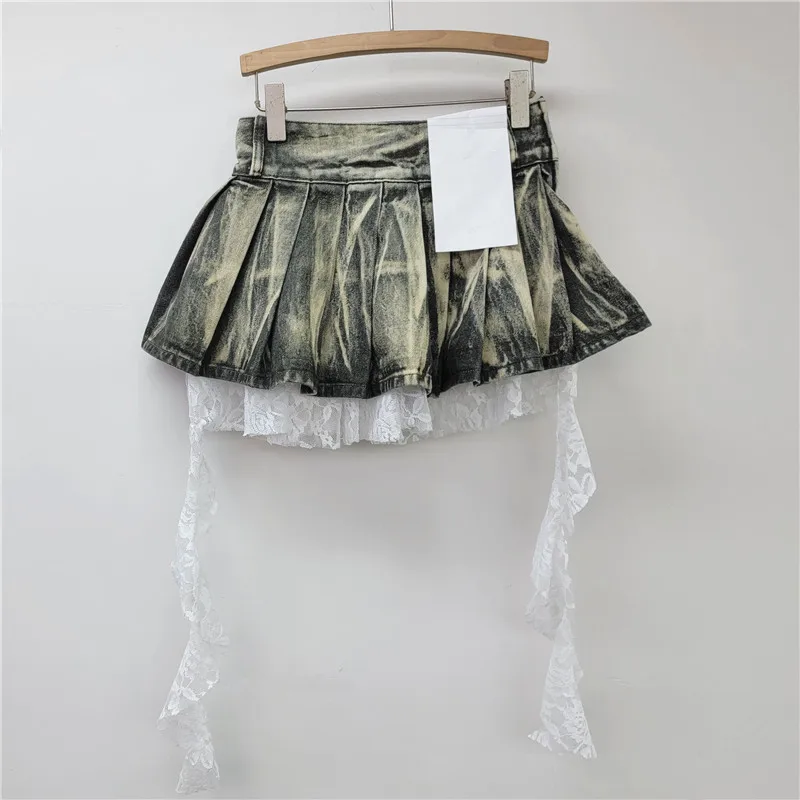 GALCAUR Hit Color Spliced Lace Irrgular Mini Skirts for Women High Waist Patchwork Folds Fashion Cowboy Skirt Female Clothing