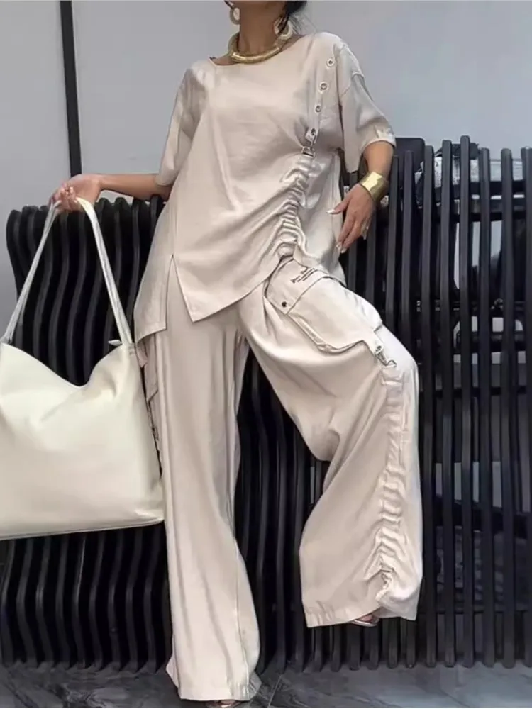 Spring Summer Fashion Shirring 2 Piece Sets Round Neck Pleated Short Sleeve Solid Color Casual Women Pantsuit Two Pieces Set