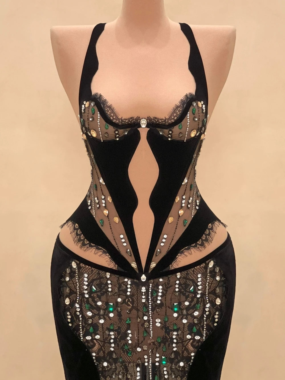 Sexy Black Rhinestone Corset Evening Dress For Women Glam Halter Neck See Through Mesh Cut-out Mermaid Prom Gown Customized