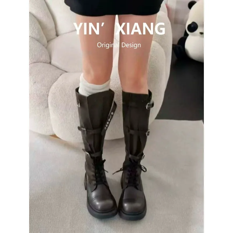Retro Multi-color Snap-on Ankle Boots with Thick Soles and Long Sleeves - Women's High-top Knight Boots