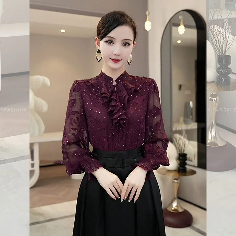 

2025 Spring and Autumn New Style French Ruffled Retro Purple Long Sleeve Fashion Shirt Tops for Women