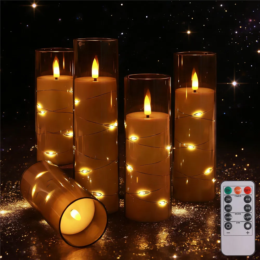 Flameless LED Candles with Embedded Star String Battery Operated  Remote Flickering Pillar Candle Light &Timer Home Decoration