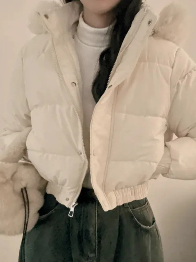 Chaqueta Corta de Invierno para Mujer, Estilo Pan, uesa y a la Moda, con Capucha y Cuello de Piel, Manga Larga, Abrigo Cáli...
