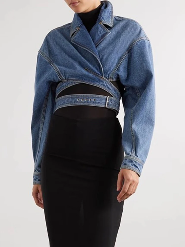 Two winstyle solide Streetwear Criss cross Denim Mantel für Frauen Revers Langarm aushöhlen Patchwork Gürtel Freizeit jacken weiblich