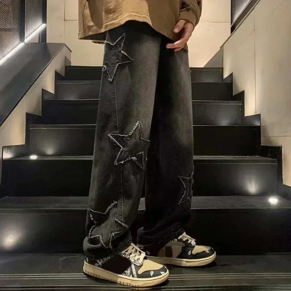 

Mens Pants Korean Streetwear Oversize Regular Slight Stretch Solid Color Star Aesthetic Straight Trousers Mens Comfy Fashion