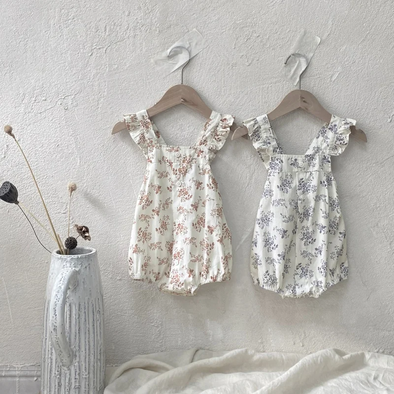 Newborn Baby Girl Floral Flounced Sleeveless Romper Infant Toddler Cotton Backless Princess Jumpsuit Summer Baby Clothes 3-18M