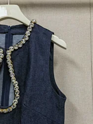 Women Denim Tank Dress Diamond Decoration Hollow Out O-Neck Sleeveless Elegant Autumn 2024 Mini Robe