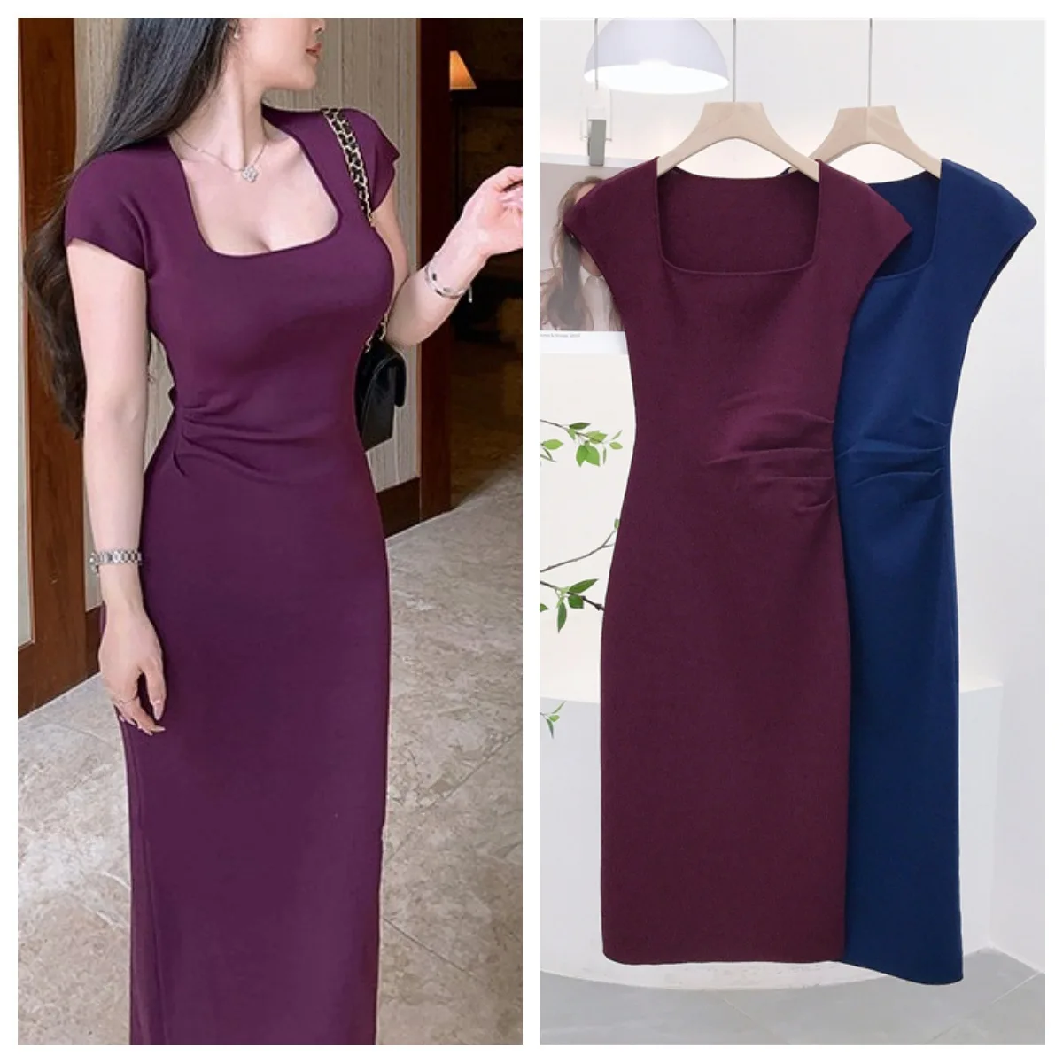 Elegancka sukienka maxi z jedwabiu lodowego w stylu mature, z kwadratowym dekoltem, odkrytymi ramionami, marszczeniami podkreślającymi talię, ukrywająca brzuch, z rozcięciem.