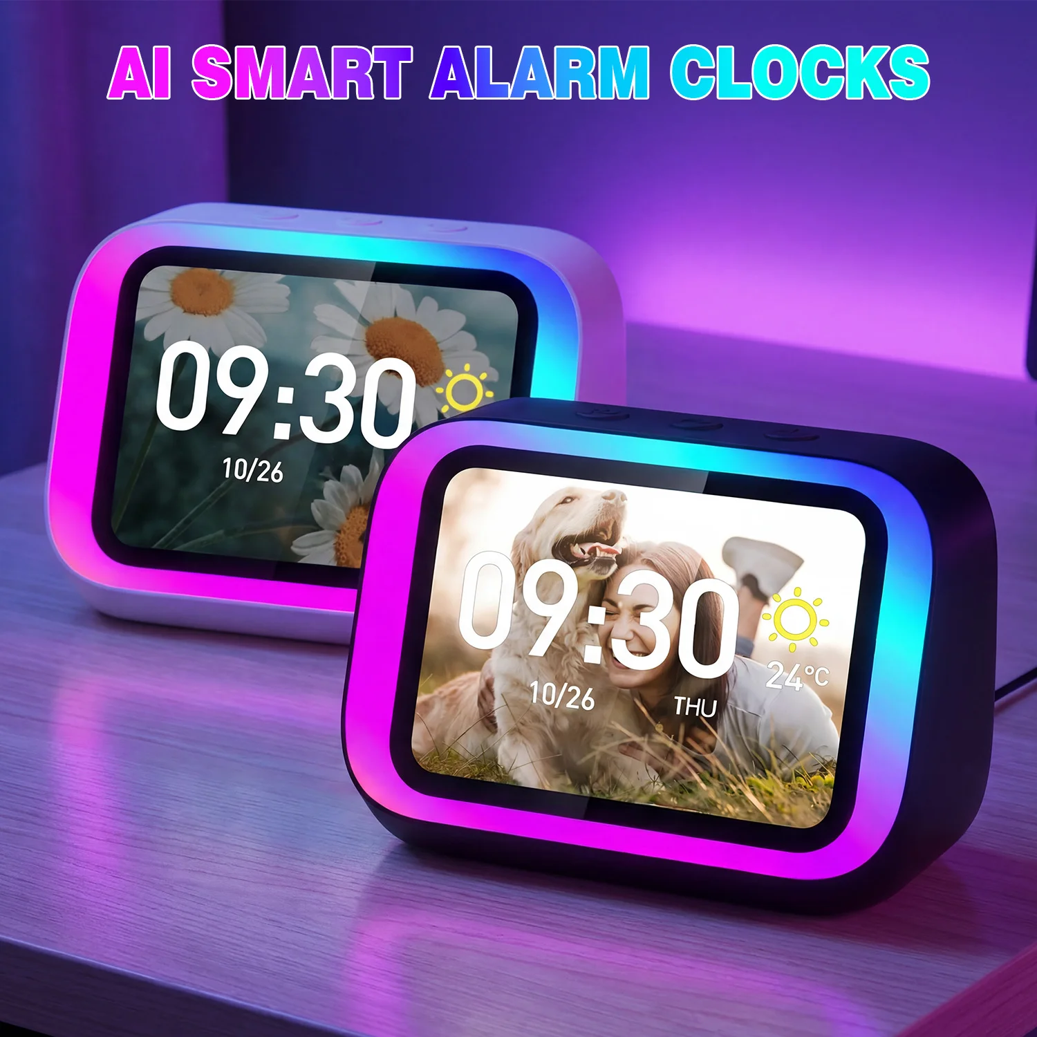 

Portable Small Smart Bluetooth Speakers Voice Assistant Clock Speaker with Display RGB Lights for Bedroom Living Room