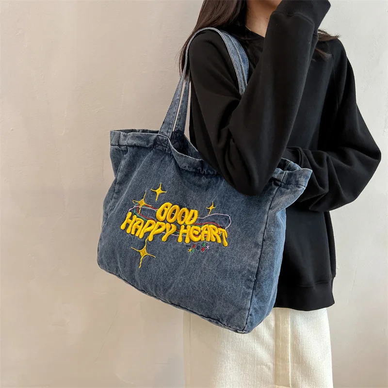 2024 New Embroidered Letter Medium Fabric Bag Hip Hop Denim Handbags Women's Luxury Designer Large Capacity Handbags and Wallets