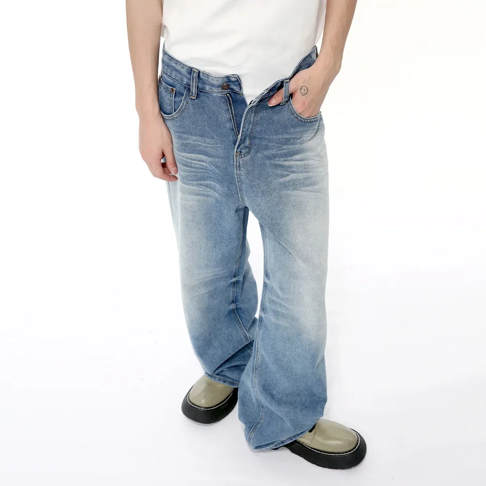 

Pop Four Seasons Men's American Vintage Loose Casual Wide Leg Straight Light Blue Jeans Pants Trendy Washed Solid Denim Trousers