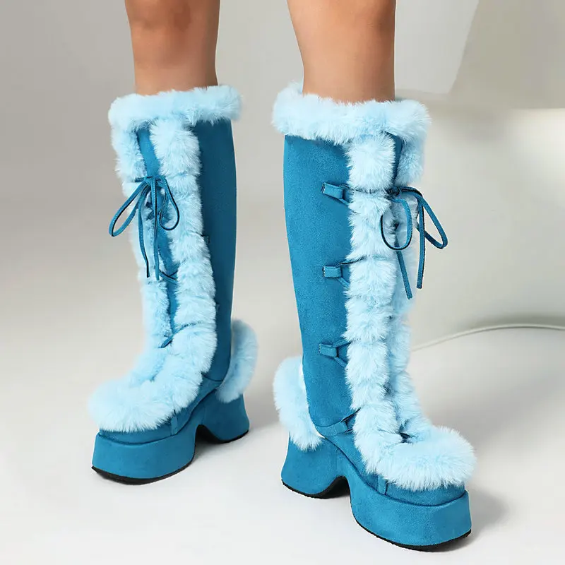 Lolita Style Furry Platform Boots for Women Thick Wedge Heel,Warm Knee High Winter Boots Lace Up Cosplay Daily Shoes Woman view 6