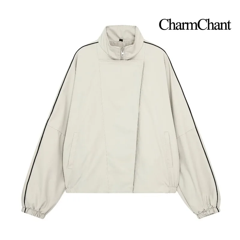 CHARMCHANT Women's Two Piece Set Half Zip Stand Collar Cropped Puff Sleeve Wide Leg Pants Casual Outfit Spring Autumn 2026