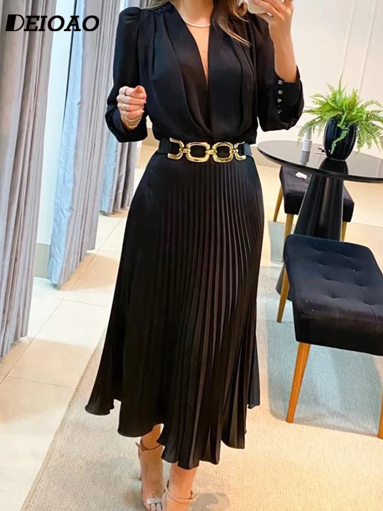 

Deioao Luxury Elegant Dress Women Summer Puff Long Sleeve V-Neck Solid Color Fashion Dresses A-line Female Clothing Outfits