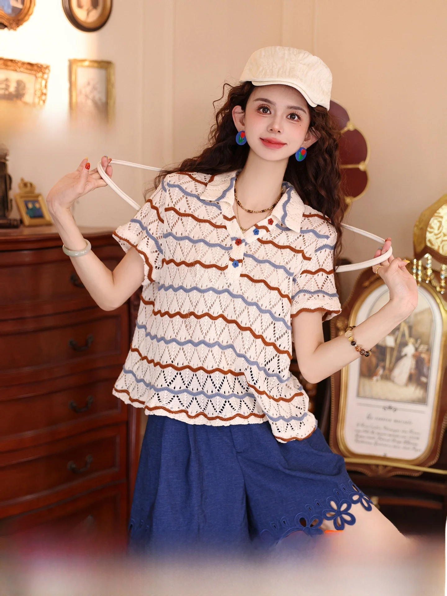 

Chend Summer Stripe T-Shirt Women's Loose Casual Hollow Short Sleeve Top Vintage Style Polyester Cotton Blend Thin Fabric