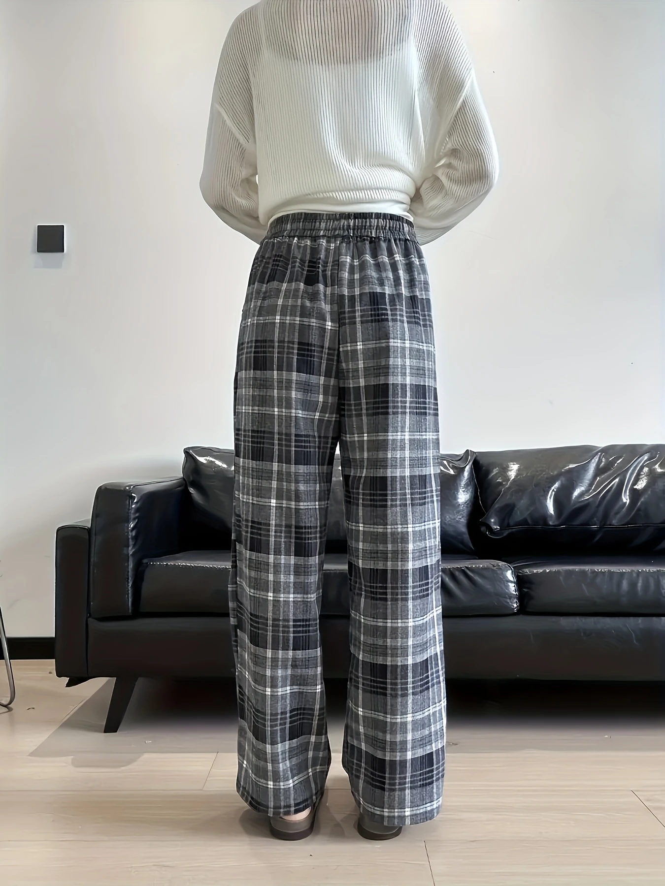 2026 New Style Grey Black Tartan Plaid Wide Leg Pants Elastic Drawstring Loose Y2K Hip Hop Streetwear Casual Long Trousers kids
